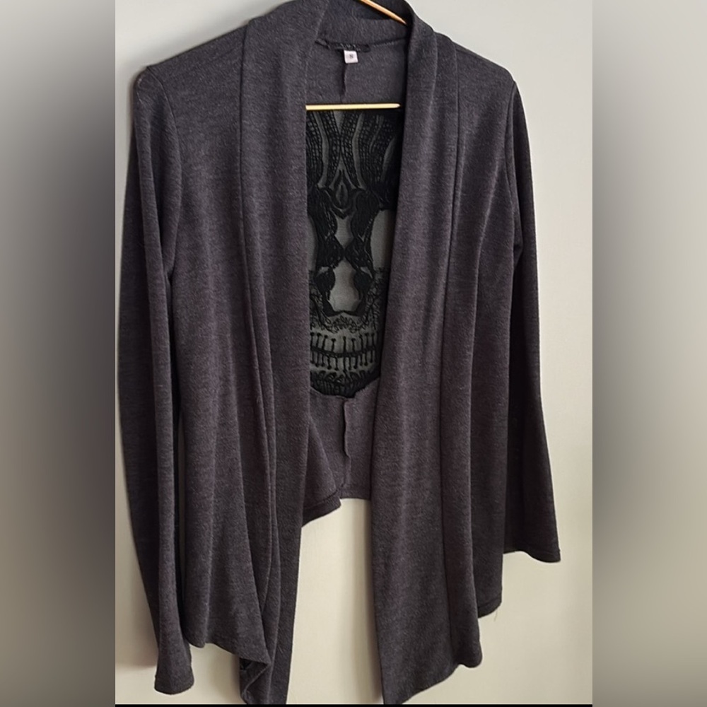 S.O.Y. Grey Gray Black Goth Artsy Whimsygoth Skull Cardigan Women’s Size Small S